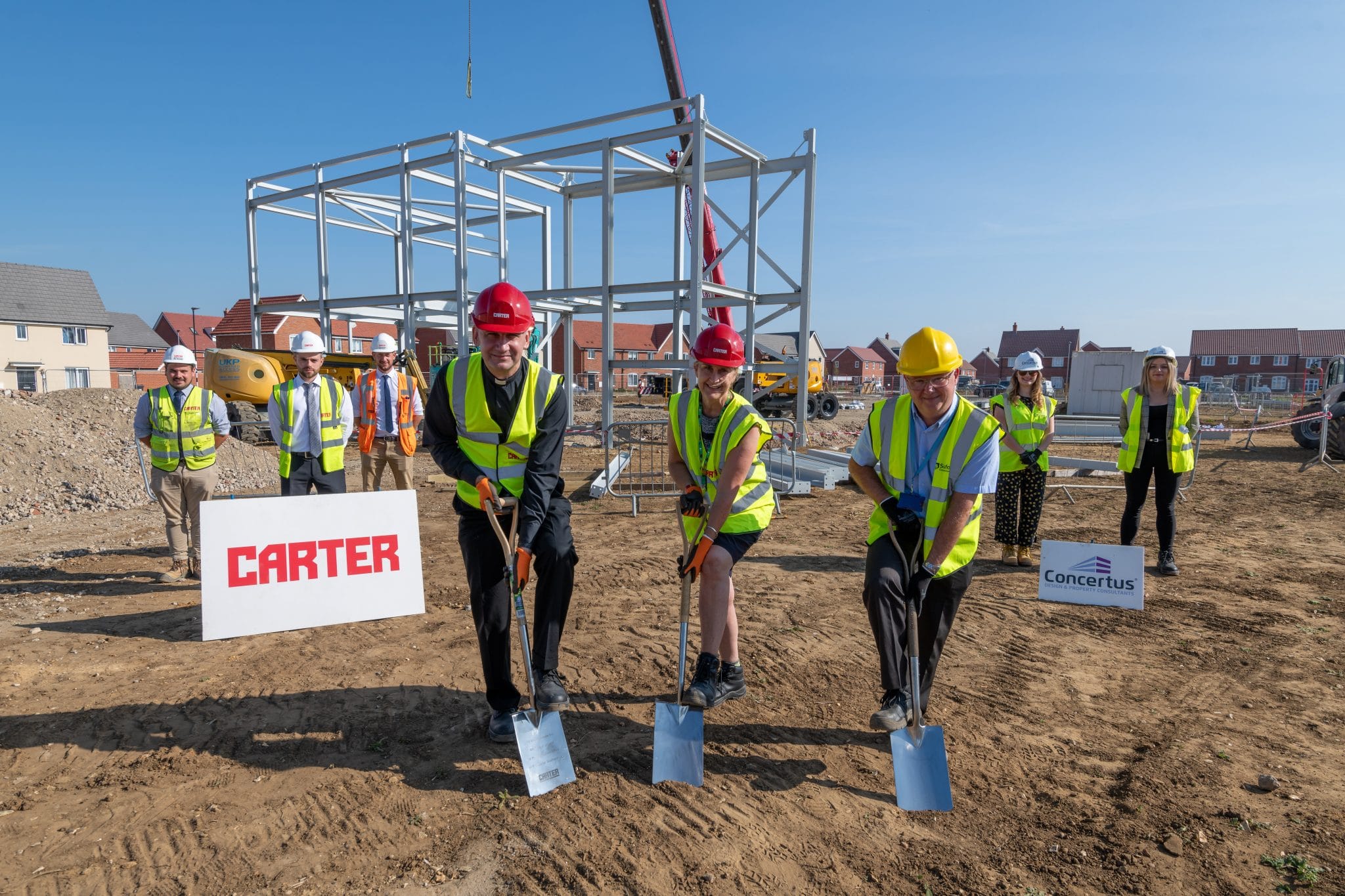 With spades, L-R Father Paul Carter, Chair of the Board, Anna Hennell James, CEO of the Orwell Multi Academy Trust, and Neil Eaton, Suffolk County Council Project Officer (Photo: Matthew Power Photography)
