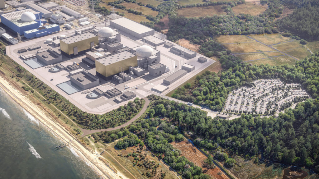 A computer generated image aerial view of Sizewell C