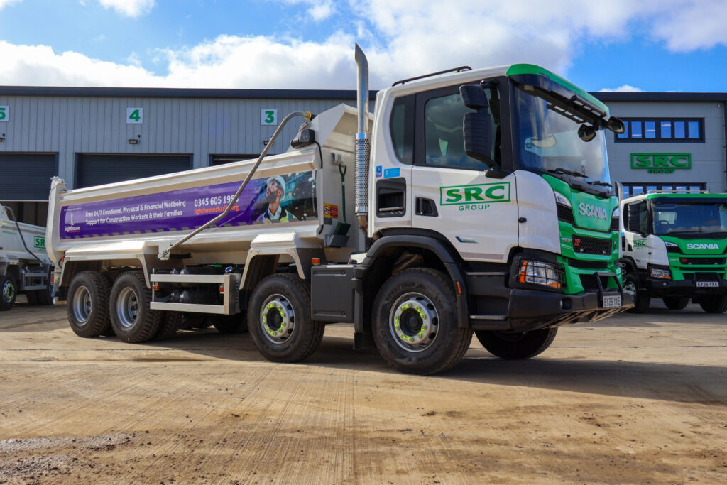 The new SRC Group tipper truck with Lighthouse Charity branding