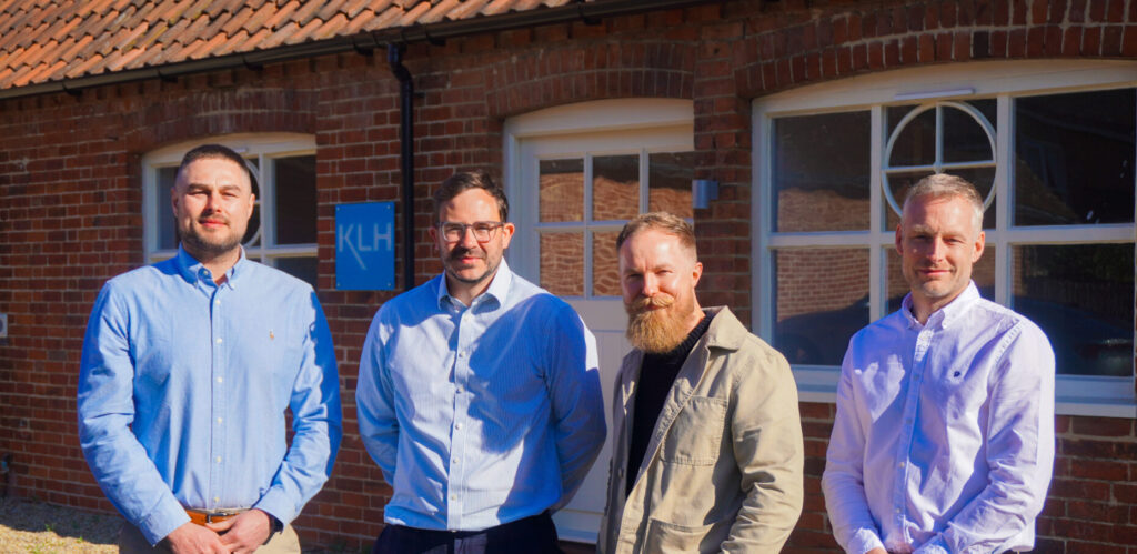 L-R, Directors Tom Bryce, Ben Moore, Stuart Edgar and Bryan Wybrow outside the new office in Melton. Credit: KLH Architects