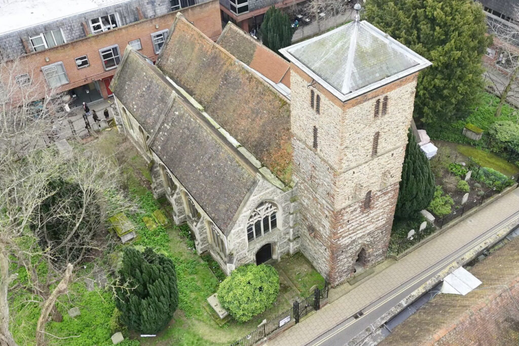 An aerial view of Holy Trinity Church in Colchester